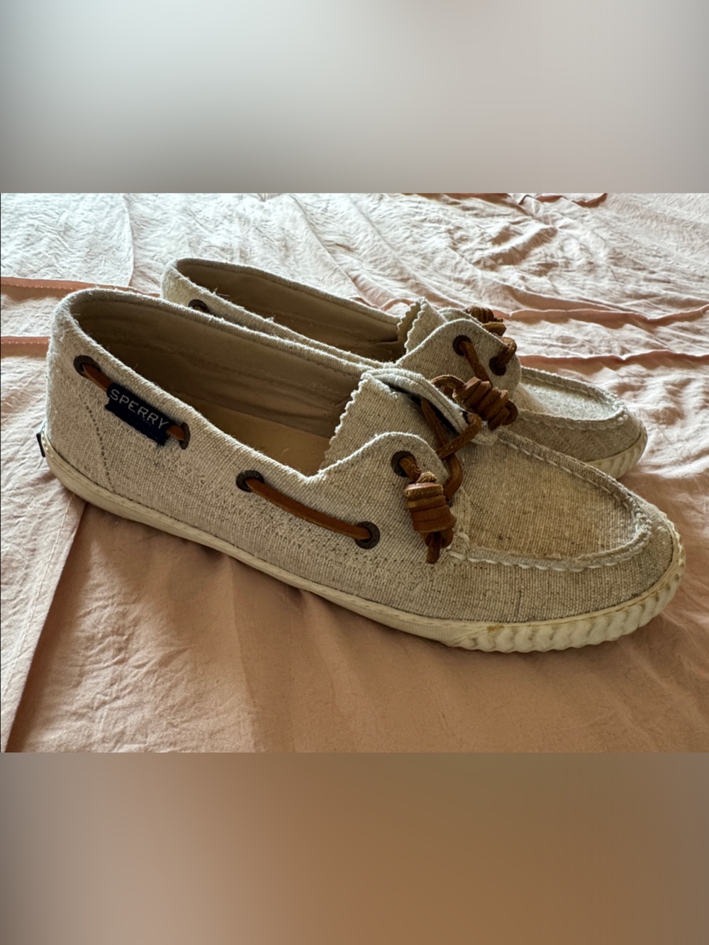 Sperry Natural Linen-Texture Boat Shoes with Brown Laces